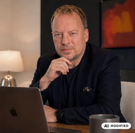 Martin Gaedke at a desk with a laptop. AI-modified image, created with AI from a photograph of him and labelled AI modified.