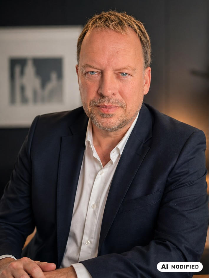 Portrait of Martin Gaedke in a dark blazer and white shirt, looking directly at the viewer. AI-modified image, created with AI from a photograph of him and labelled AI modified.